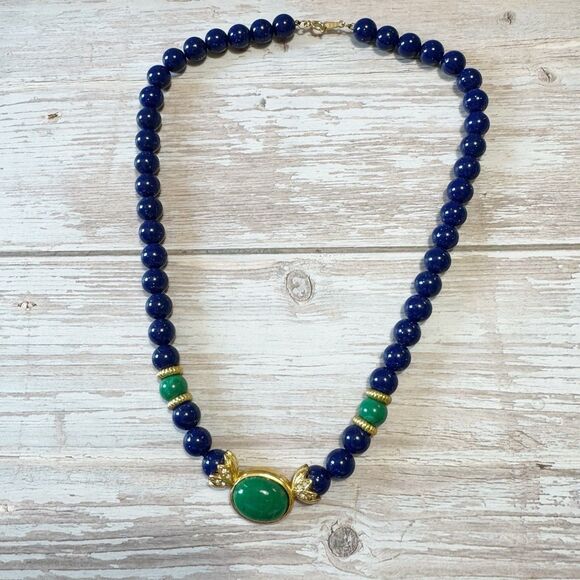 Vintage Avon Blue Green Gold Bead Necklace Rhinestone & Cabochon Center 20" - Picture 2 of 10